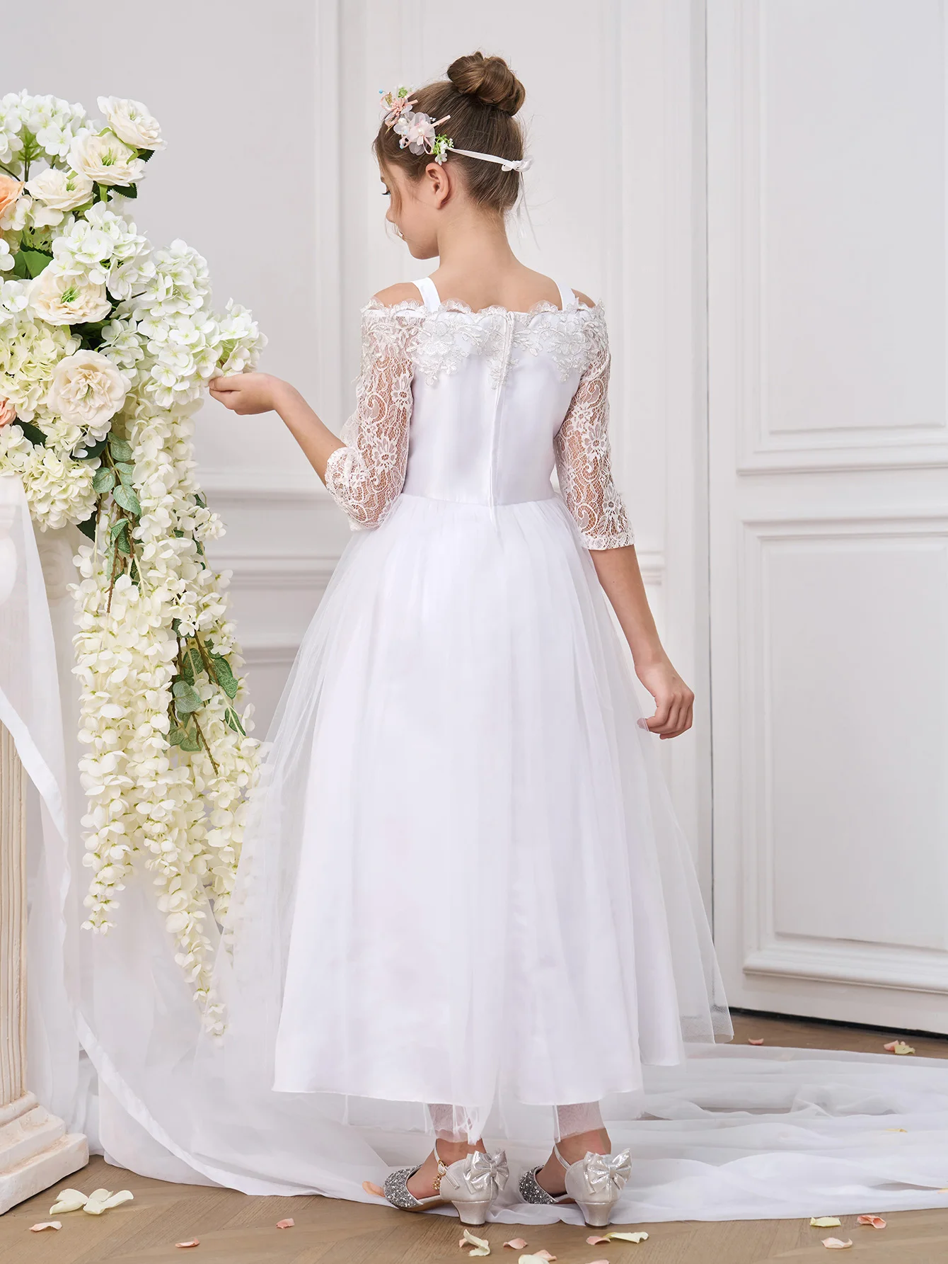 Elegant White Bridesmaid Girl Dress Lace Flower Wedding Princess Evening  Party Dress First Communion Baptism Birthday Prom Gown