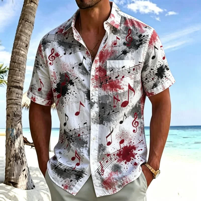 Men's Shirt Cuban Collar Gradient Treble Clef Music Note Art Pattern Short Sleeve Regular Fit Beach Holiday Stylish Men Clothing