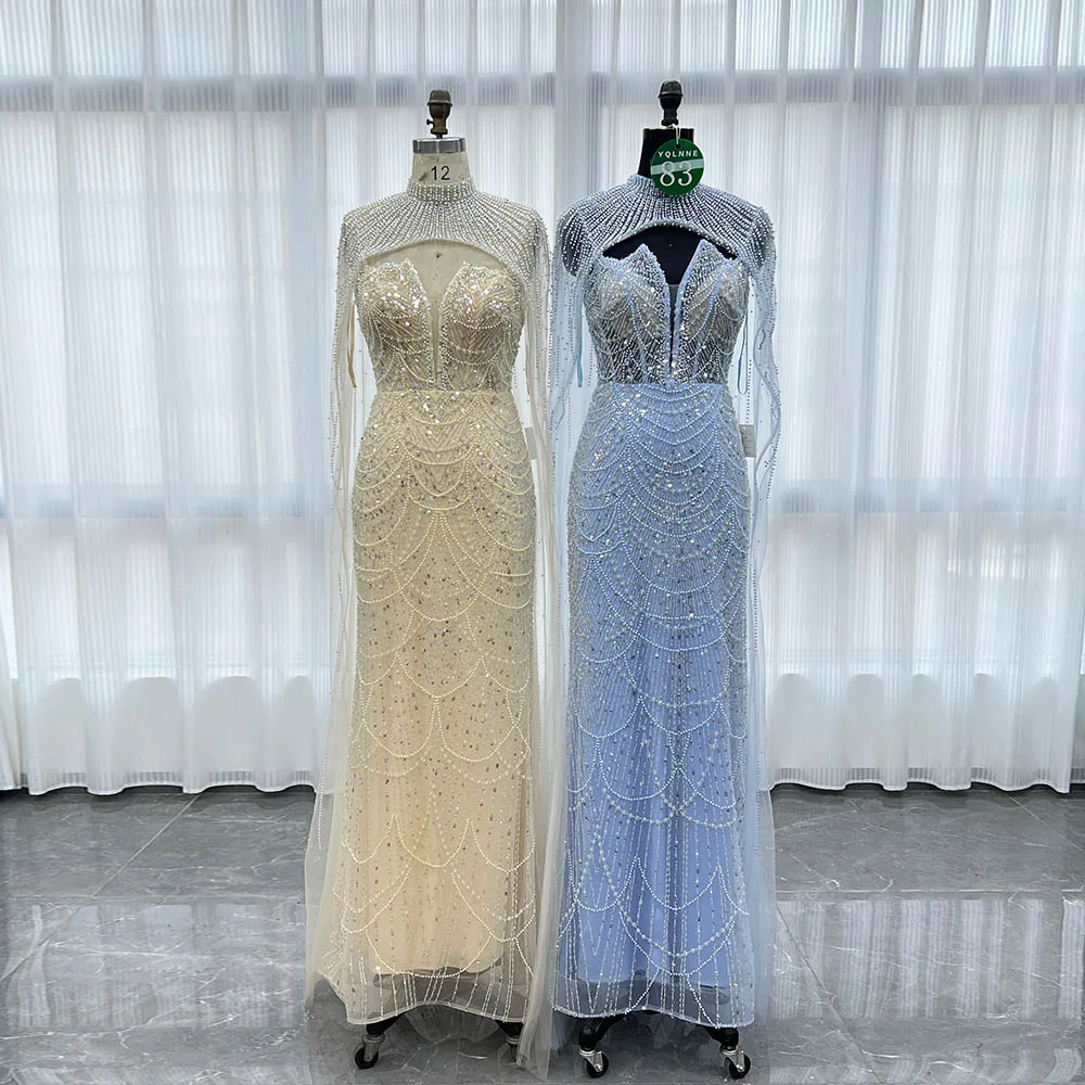 

YQLNNE 083 Вечерние платья цвета шампанского с бисером и шалью, длинное вечернее женское платье из бисера для свадебной вечеринки