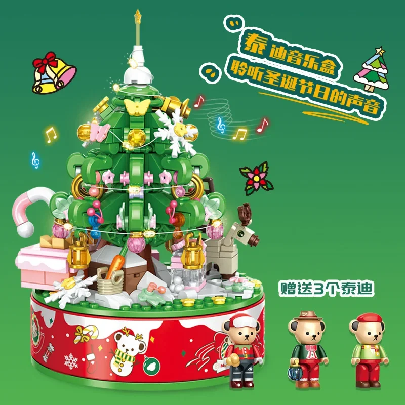 Creative Kumamoto Bear Christmas Spin Music Box Building Blocks Christmas Tree Cute Bear Assembly Model Toys for Gift Girl