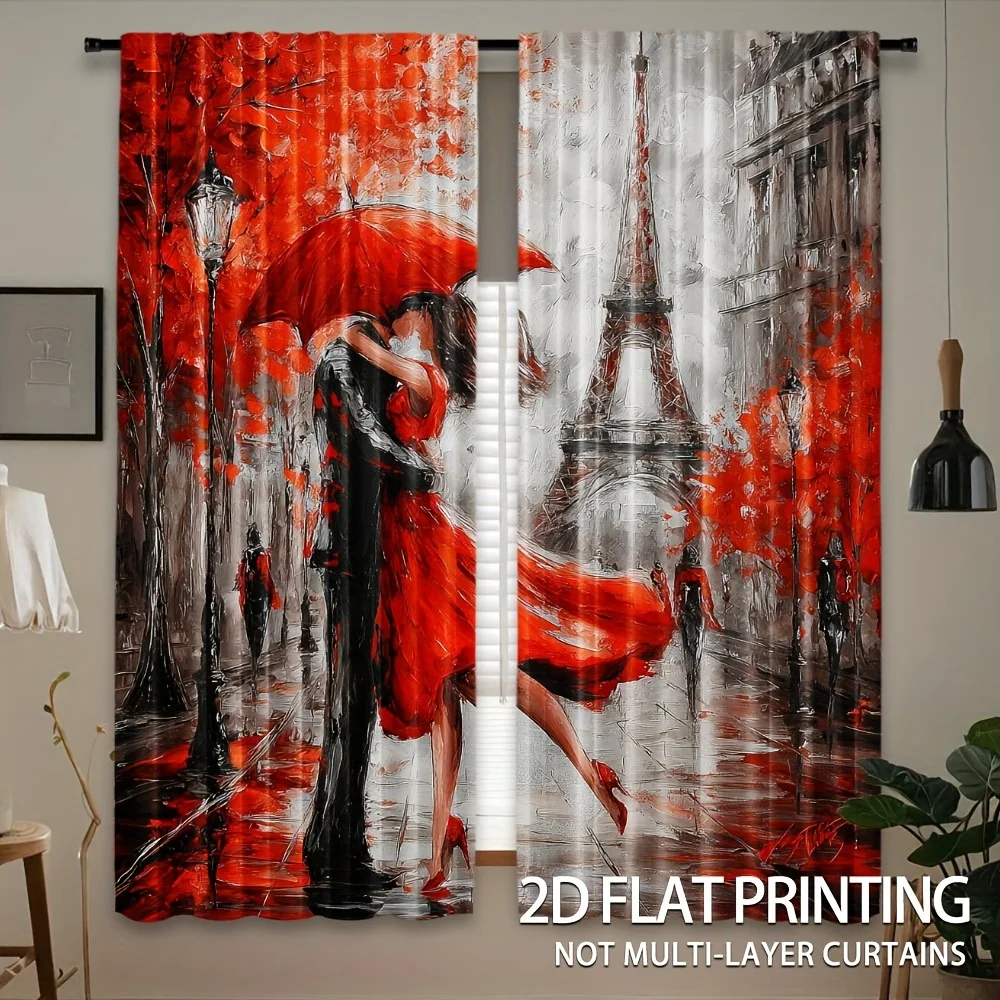 2pcs Paris Couple Curtains Red Umbrella Romance Print Blackout Drape Living Room Bedroom Window Treatment Home Decor