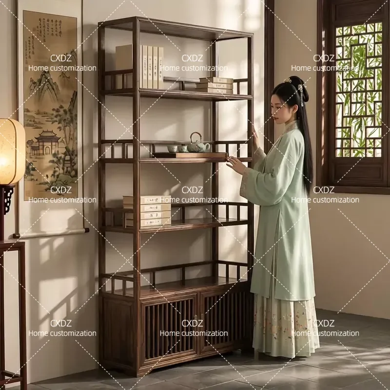 Solid Wood Chinese Bookshelf Elm Display Rack Multi-layer Tea Display Shelf Bogu Rack Duobao Pavilion Storage Organizer