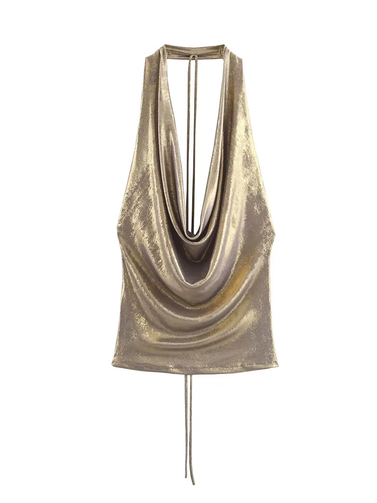 

HH Woman Beach Sexy Backless Pendant Pleated Decoration Halter Collar Tops Female Summer Casual Fashion Street Style Party Tops