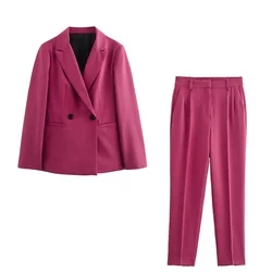 ZA double breasted loose fashionable temperament simple long sleeved suit jacket+solid color pants set women's clothing