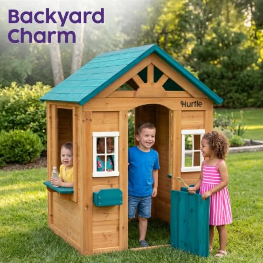 Outdoor wooden kids playhouse for ages 3-8, natural wood color, durable pine construction with snack window, flower box, and wi