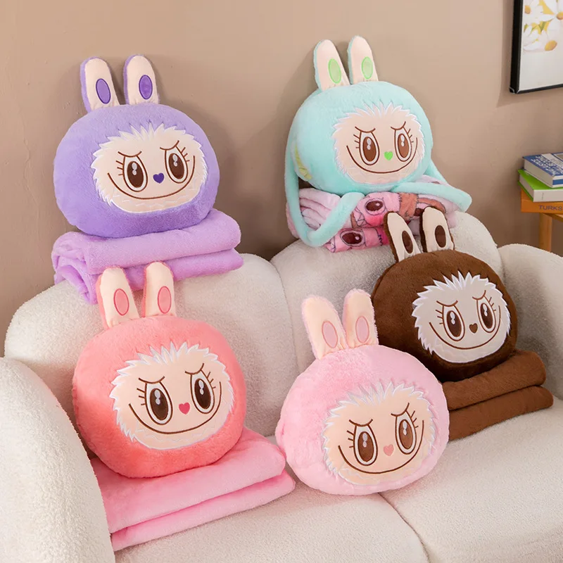 Cartoon Labubu Pillow Quilt Dual Purpose Car Cushion Cute Pillow Blanket 2-In-1 Children'S Shoulder Back Pillow Designer Blanket