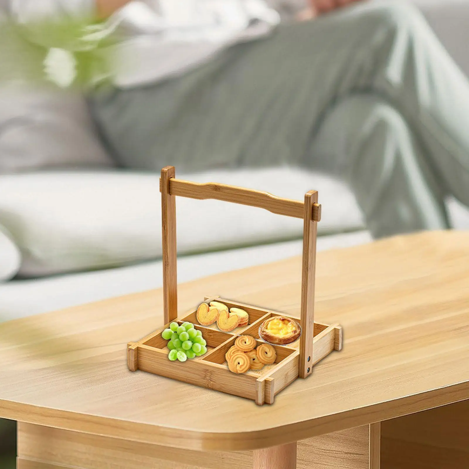 Four Compartment Bamboo Tray Decorative Round Serving Plate for Snacks Desserts Fruit Veggie for Table Decoration