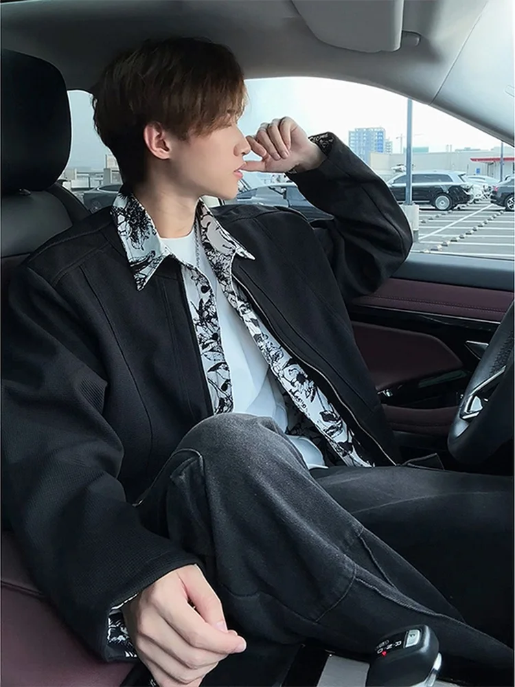 

New Chinese Sle Watercolor Painting Lined Fake Two-Piece Men's ort Jaet Autumn High-End Ethnic Feel Outerwear