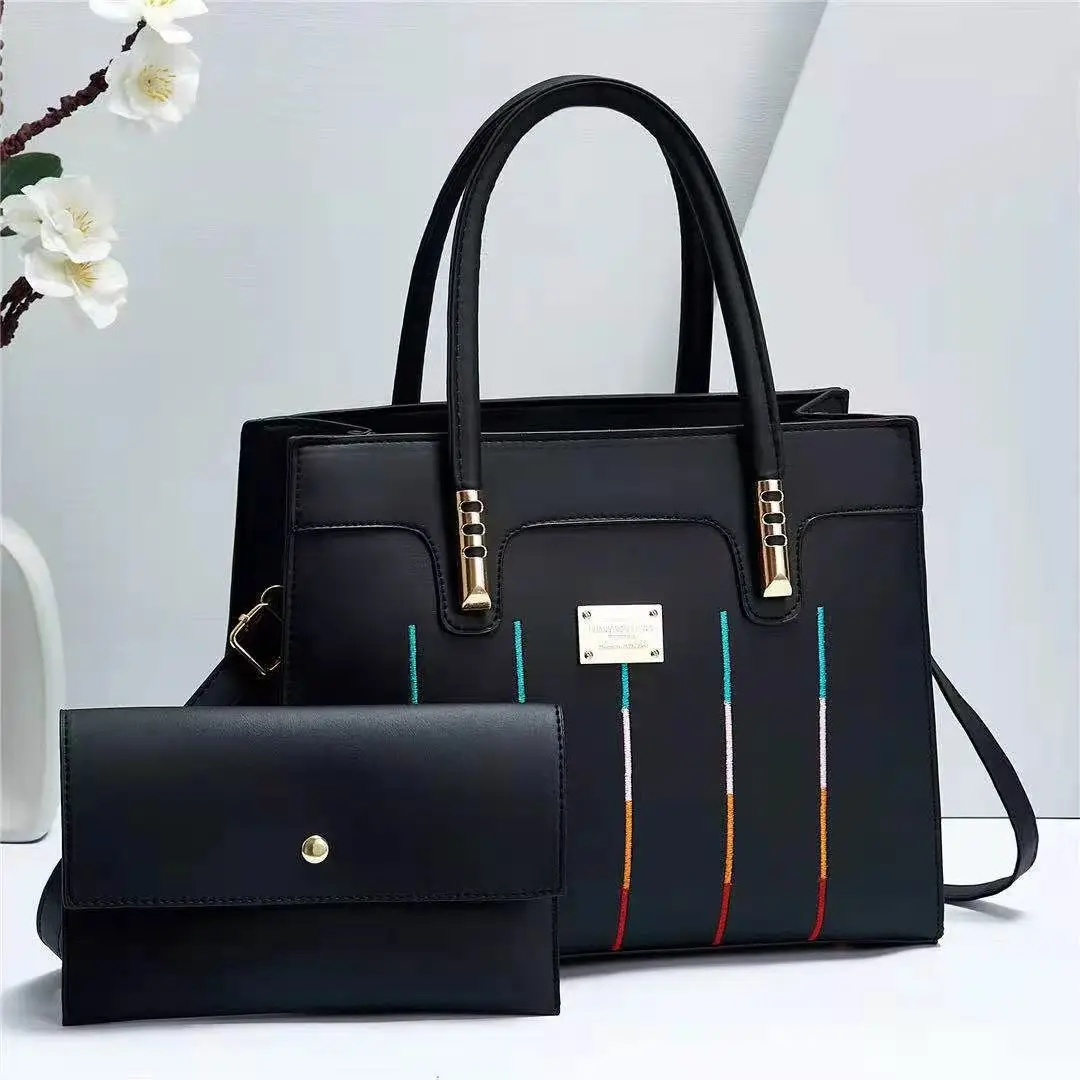 2023 Fashion Embroidered Lines Composite Bag Business Portable Tote Handbag PU High Capacity Shoulder Crossbody Bag for Women