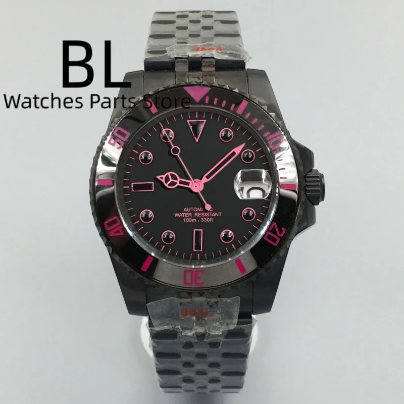 

BLIGER 40mm Full Black PVD Mechanical Men's Watch Ceramic Bezel Sapphire Glass Black Pink Dial Second Hands Waterproof Reloj