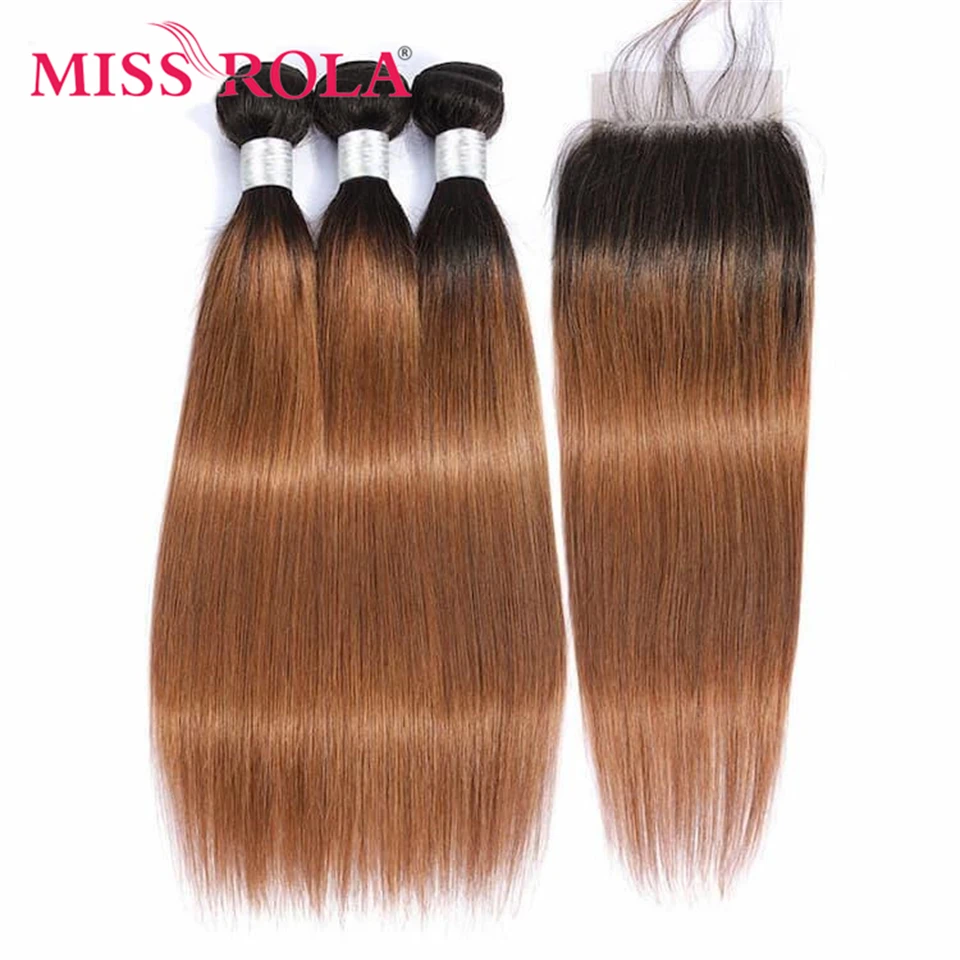 Miss rola cabelo remy feixes de cabelo reto com fechamentos ombre t1b/30 brasileiro pré-colorido 100% extensões de cabelo humano