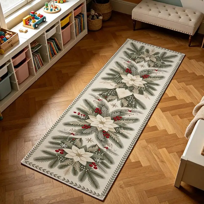 1 Piece Woven Holiday Rug, Soft And Comfortable, Suitable For All Seasons, Lightweight And Easy To Maintain, Home Decor, Living Room Decor, Bedroom Decor, Dining Room Decor, Winter, Autumn, Featuring Festive Pine Poinsettia Berry Snowflake Pattern