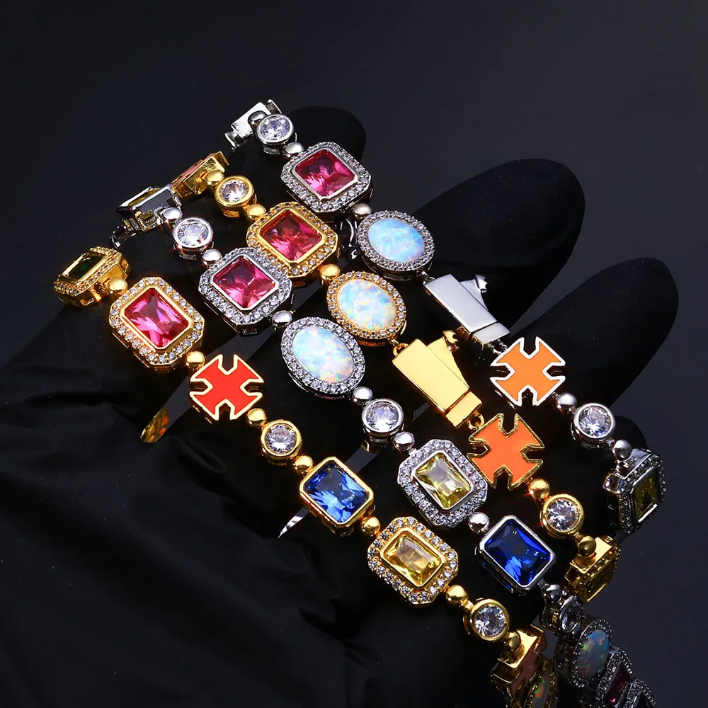 

ESKEEM 10mm Fine Enamel Bling Multi Color Cz Diamond Chain Geometric Gemstone Motif Iced Out Cross Necklace for Men Women