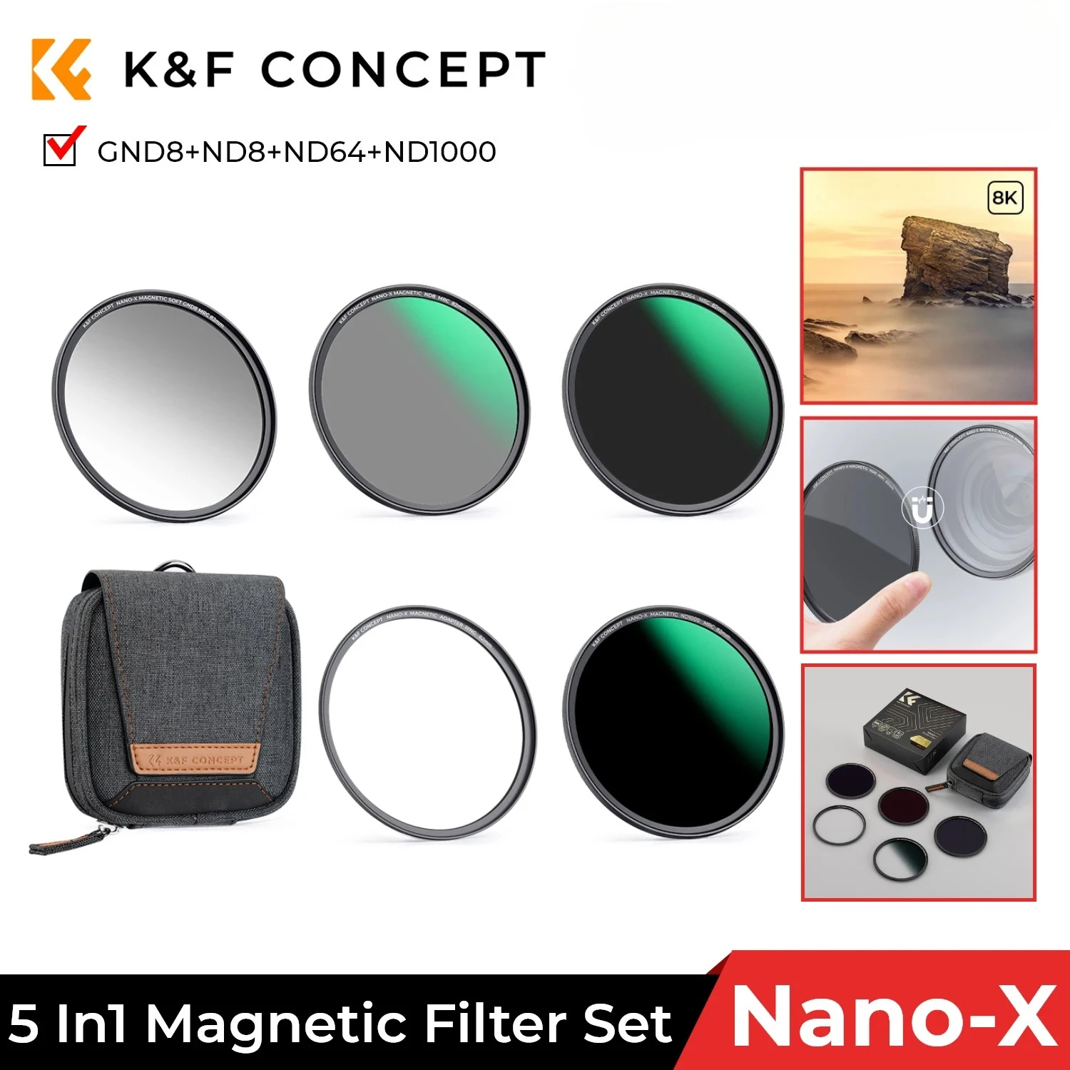 K&F Concept Magnetic Lens Filter Kit GND8 ND8 ND64 ND1000 Magnetic Adapter Ring 5 in 1 Quick Swap System Nano X Series 49mm-82mm