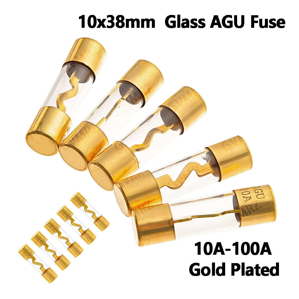 5PCS 10*38 10A 15A 20A 50A 60A 40A 70A 80A 100A Gold Plated Glass AGU Fuse Fuses Pack Car Audio Amp Amplifier 25A 30A 