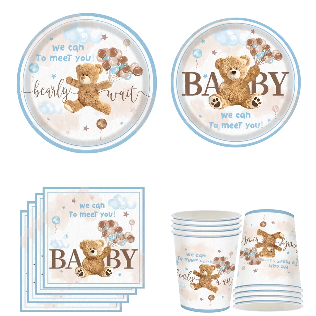 10pcs Baby Bear Disposable Tableware Cartoon Brown Bear Paper Plates Napkin Cups Happy Kids Birthday Party Decor Babyshower