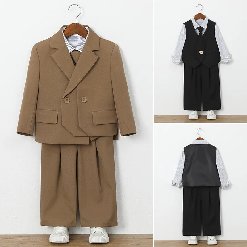 

2025 Children Boys Autumn 5PCS Suit Sets Kids Boys Blazer Waistcoat Pant Tie Costume Formal Elegant Kids Boys Hosting Khaki Suit