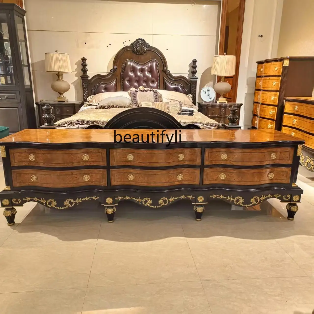 

European-style TV Cabinet and Coffee Table Set Villa Luxury Solid Wood Carved Furniture 2.2m