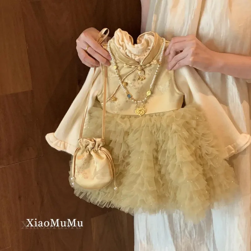 

2025New Autumn and Winter Girls' National Style Mesh Puffy Skirt Vest Dress Baby Girl Birthday Little Dress Stylish
