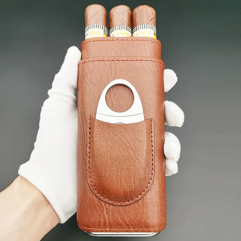 Leather Cigar Case Three-Finger Cigar Pouch with Cedar Wood Lining Cigar Accessories