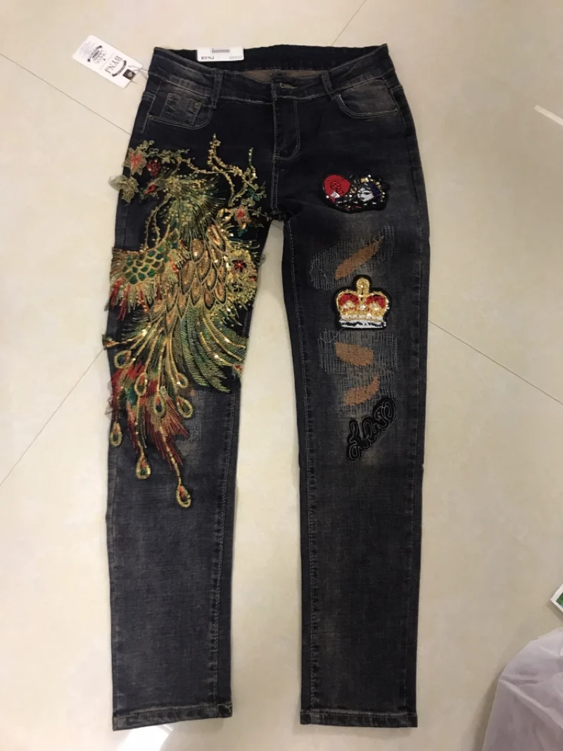

Spring Patch Hole Women Jeans Sexy Vintage Women Slim Jeans Pants With Embroidery Sequined Pencil jeans
