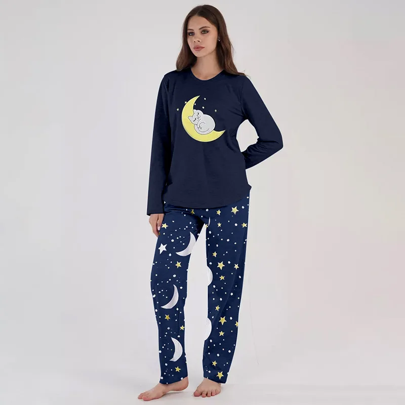 2PCS/Set Women Clothes Casual Pajamas Cute Sweet Cartoon Print Moon Elephant Pattern Ladies Floral Long-Sleeved Spring Homewear