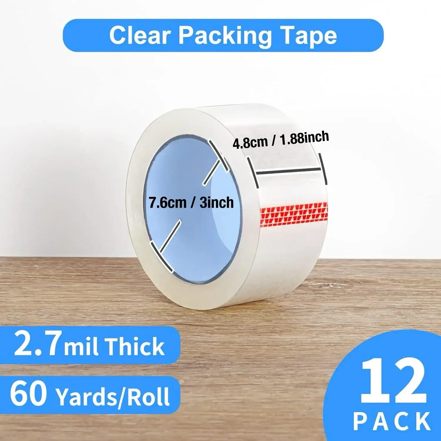 PackingTape, 12 Rolls 2.7mil Thick 1.88 Inch Wide Packaging Tape, MovingSealingTape for Home Office Dormitory School