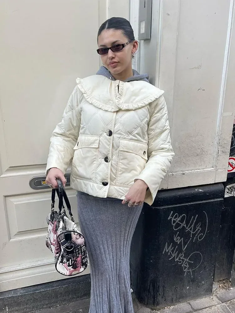 Cappotto in cotone monopetto bianco da donna elegante colletto per bambole maniche lunghe giacca trapuntata tascabile 2024 autunno inverno capispalla da donna