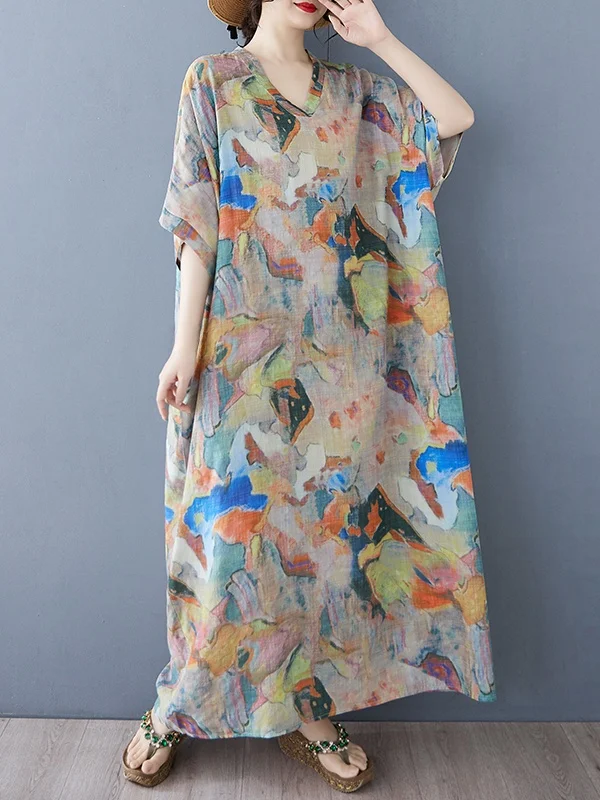 Vestido de Verano con Estampado Floral, Cuello en V, Aodón y Lino, Estilo Casual para Viajes, Corte Hoado, Largo hasta la...