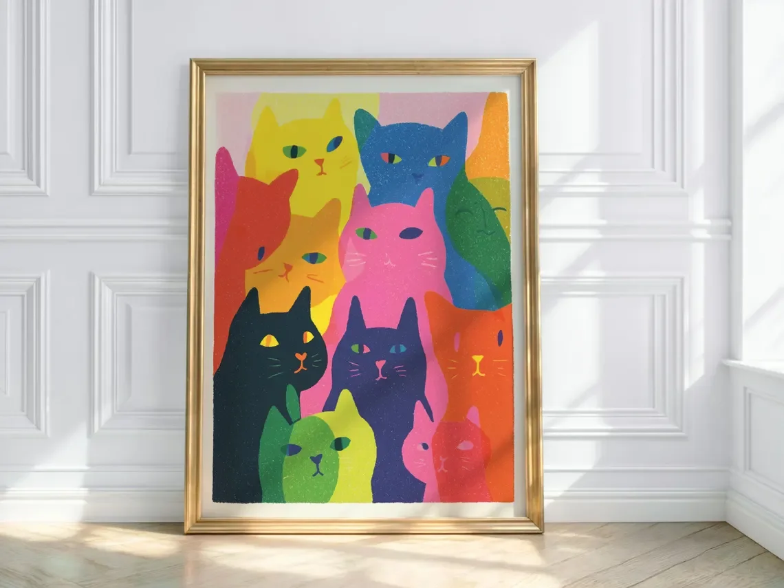 Vibrant Rainbow Cat Crowd WALL ART PRINT DECOR – Playful Color-Blocked Feline Design with Glittery Texture, a Cheerful Statement