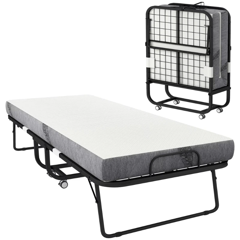 Single size portable rollaway bed with memory foam mattress and steel frame, adult rollaway bed, white