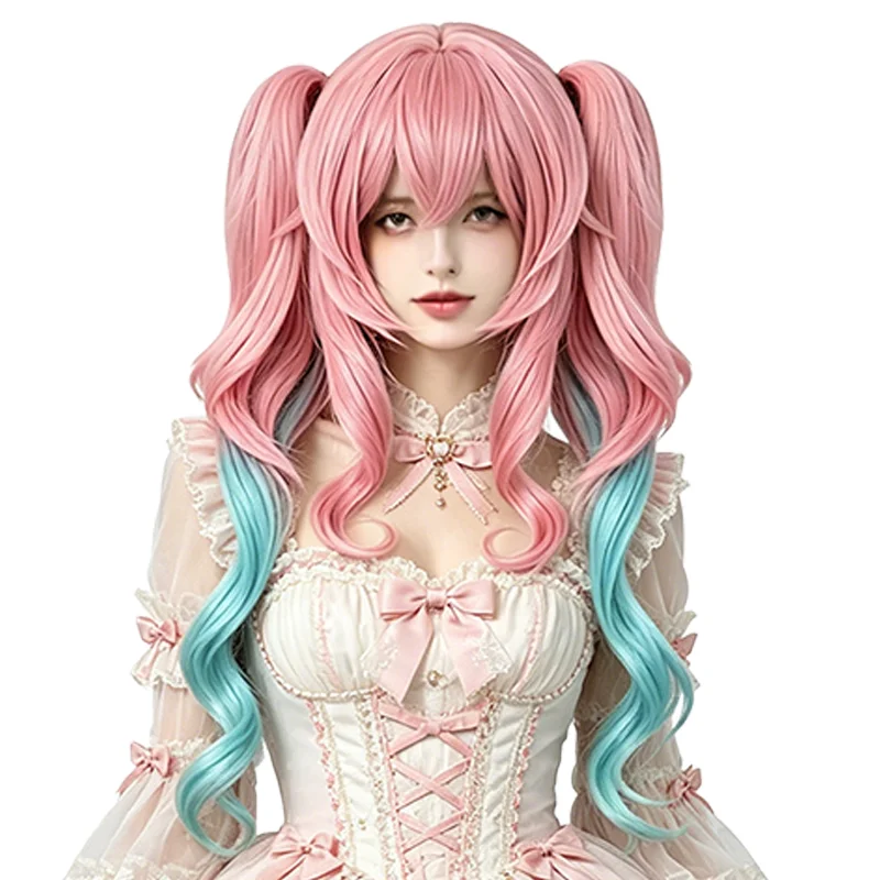 Hyacine Cosplay Wig Pink Blue Gradient Pigtails Long Curly Anime Heat Resistant Fiber Synthetic Wigs For Halloween Party Costume