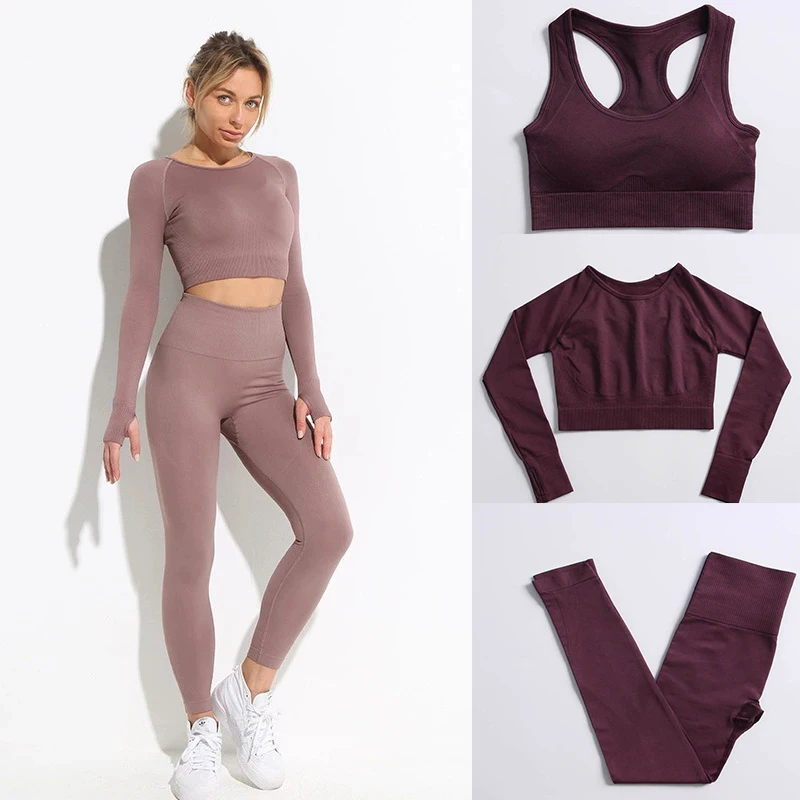 

Tight Fitting Leggings Sports Suit Solid Color Outifits Seamless Fitness Suit Women's Slim Fitting Long Sleeved Yoga Suit Set