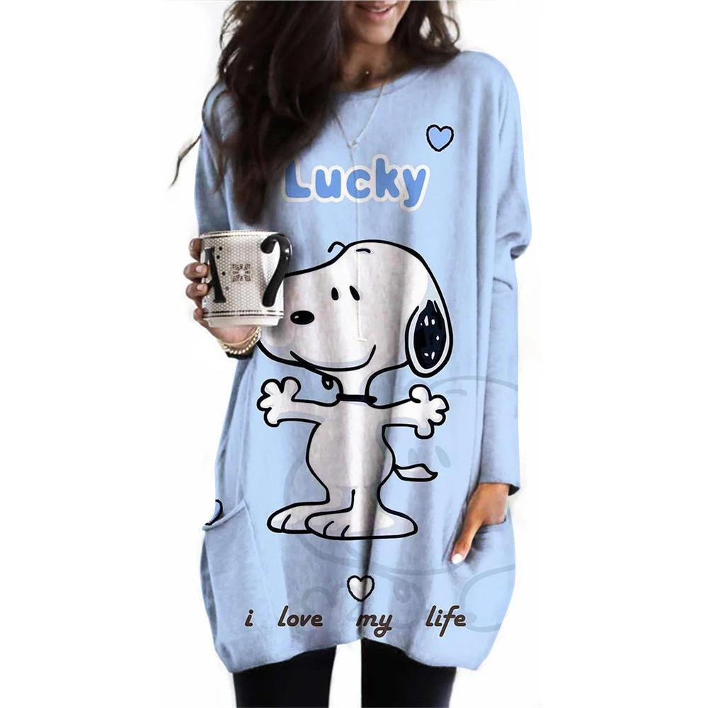 

2024 Spring New Long Sleeve T-shirt Snoopy Printed Women's Basic T-shirt Oversized Pocket T-shirt Casual O-neck Women's T-shirt