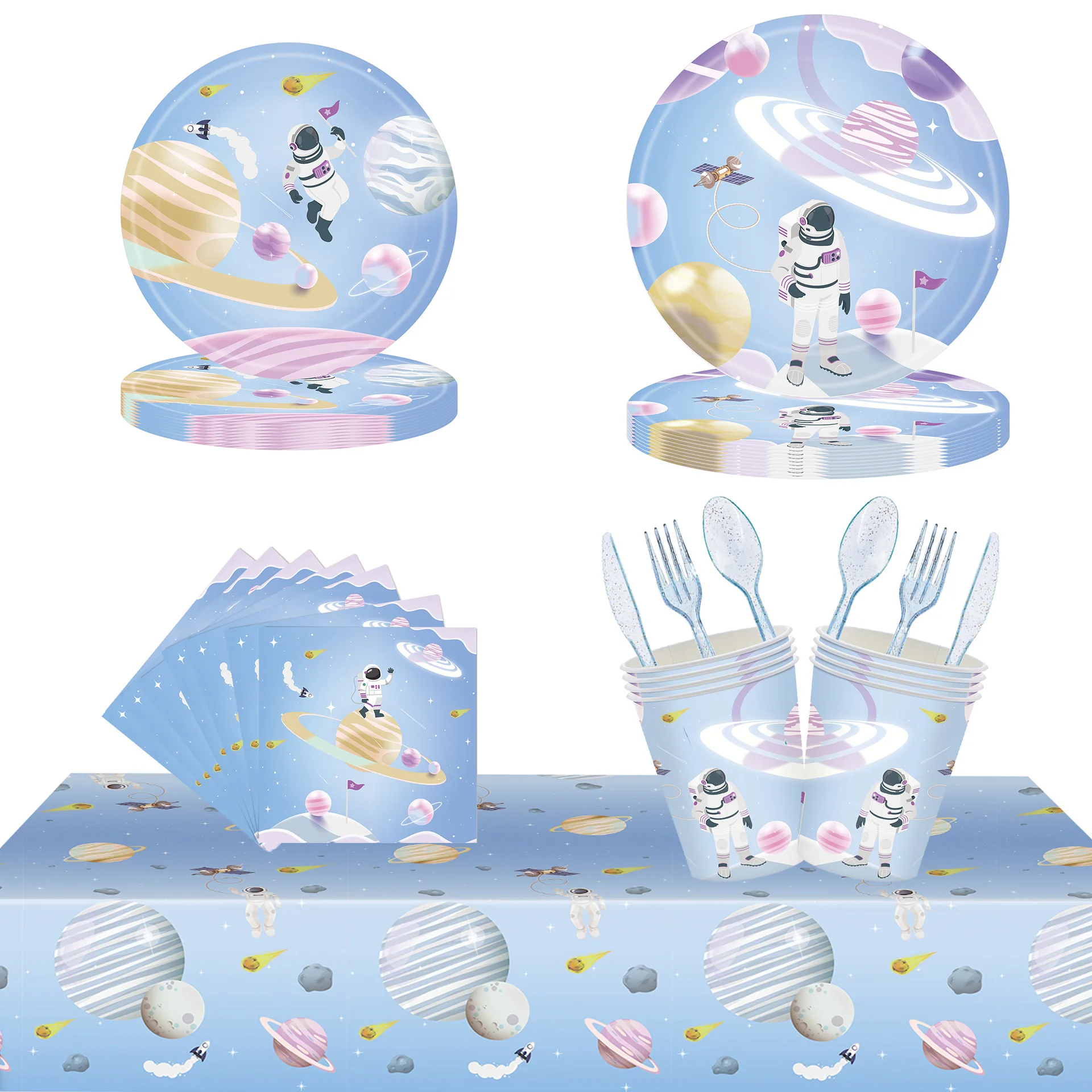 Cute Space Themed Birthday Party Decorations Including Disposable Tableware Astronaut Plates Cups Napkins Banners Tablecloths