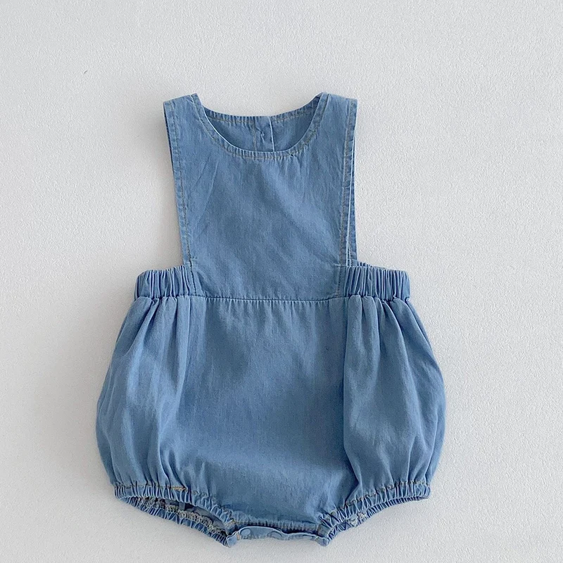 2024 New Summer Kids Clothing Set Infant Baby Romper Kids Princess Dresses Sleeveless Solid Color Denim Sister Clothing