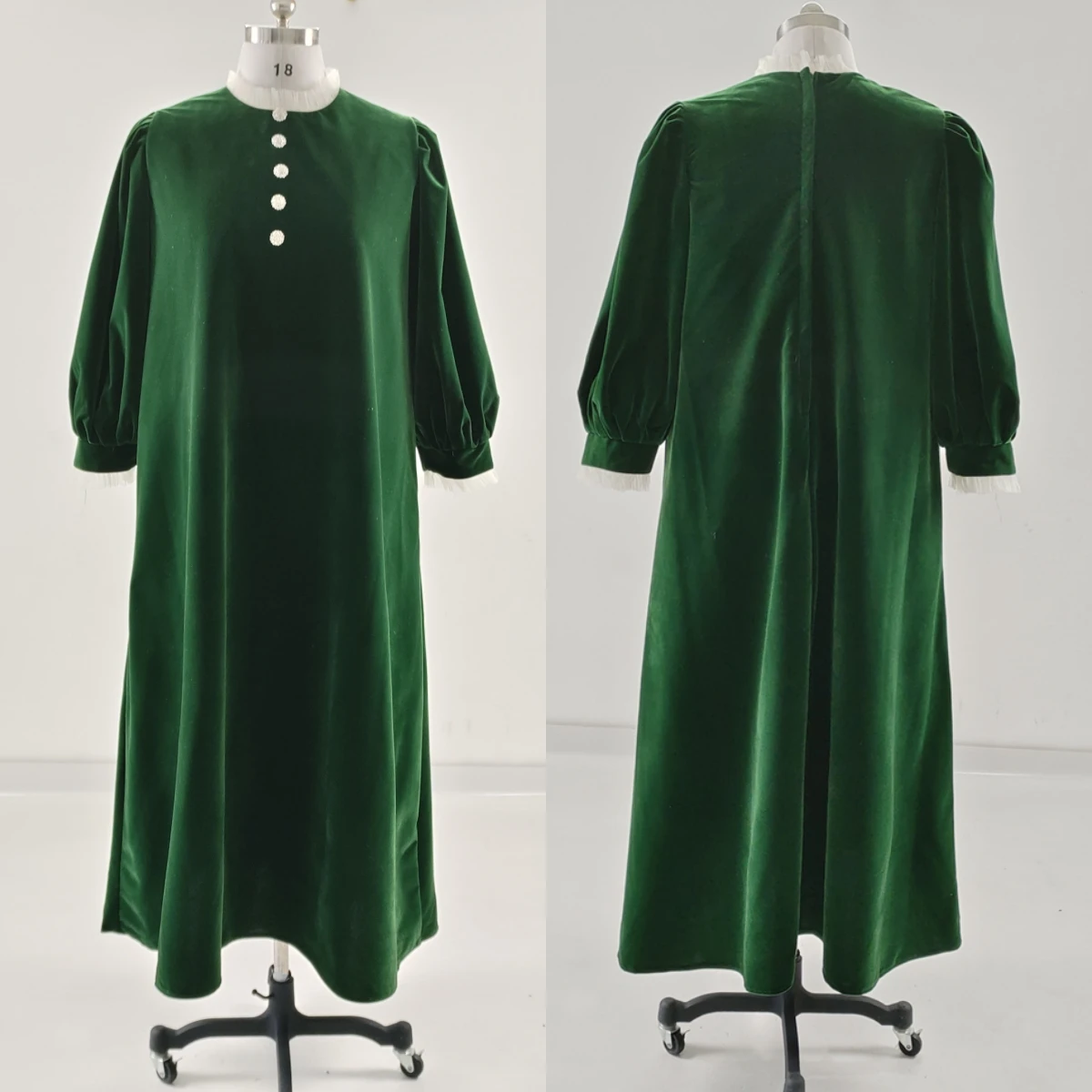 

Customized Real Photo Modest Evening Dress Green Velvet Ruffles O-neck Full Sleeves A-line Floor Length Plus Size Party Gown