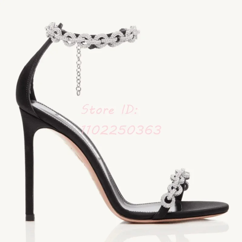 Crystal Chain Buckle Strap Stilettos Sandals Round Toe Metal String Bead Thin High Heels Sandals 2024 Women Fashion Dress Shoes