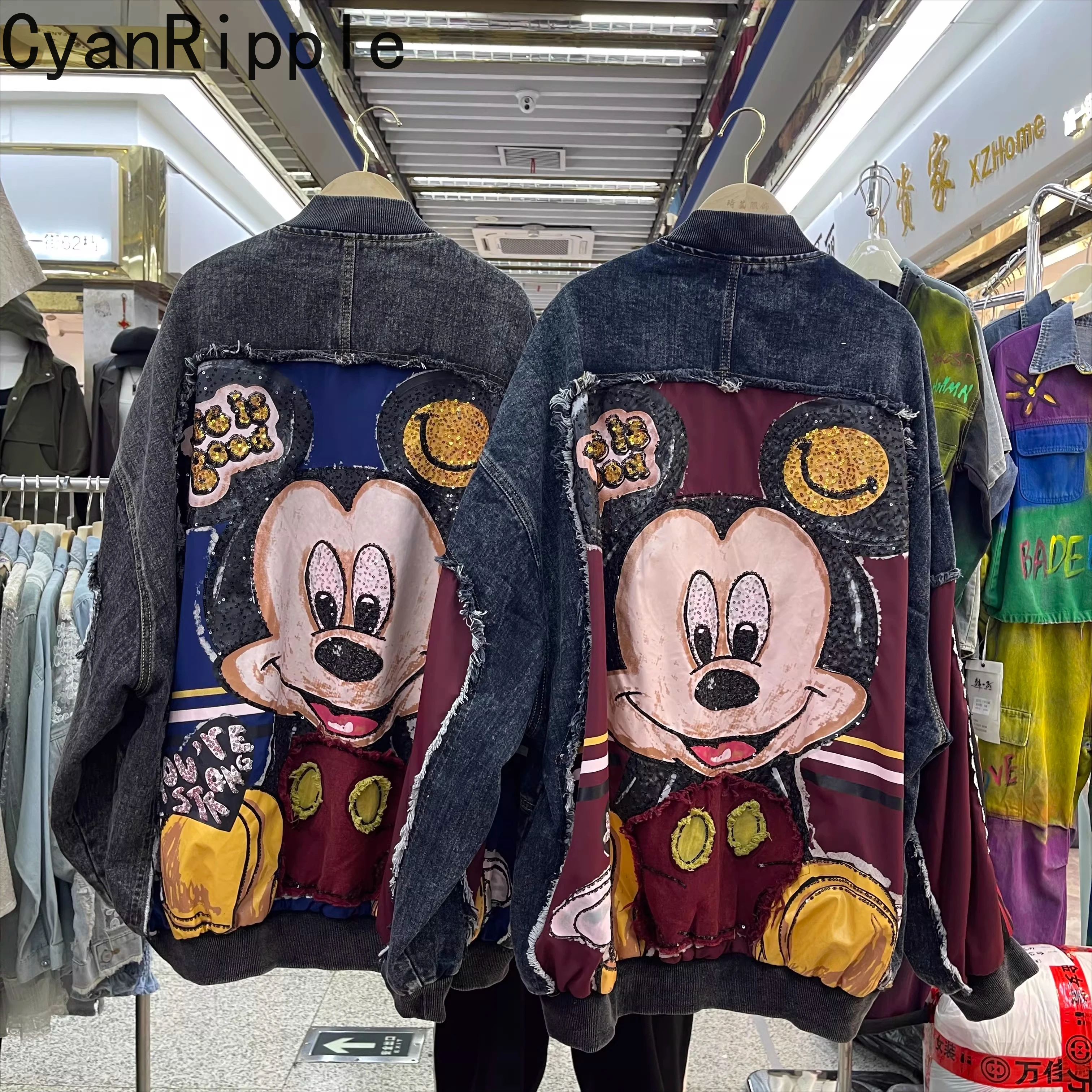 

Trendy Colorblock Women Baseball Jersey New Spring Autumn Stand Collar Zip Cardigans Coat Sequins Mickey Loose Denim Jackets