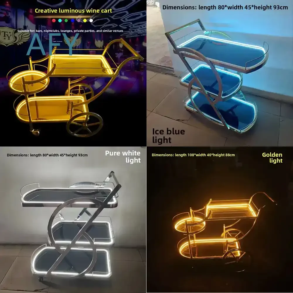 Luminous Wine Snacks Cart for Bar KTV Night Show Champagne Foreign Wine Hand Push Cake Food Trolley for Party Catering Mobile