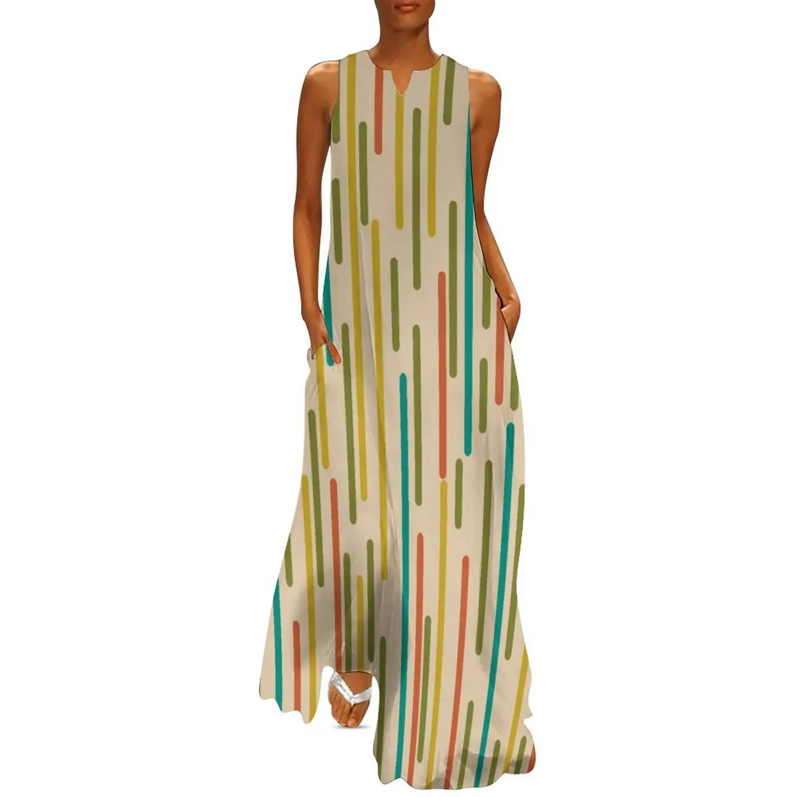 

Mid Century Mod Dancing Lines Minimalist Abstract Pattern in Mustard, Orange, Teal, Olive and Beige Long Dress