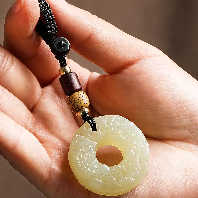 Natural Jade Keychain with Pixiu and Peace Buckle Car Key Ring Pendant for Men Women Couples Gifts