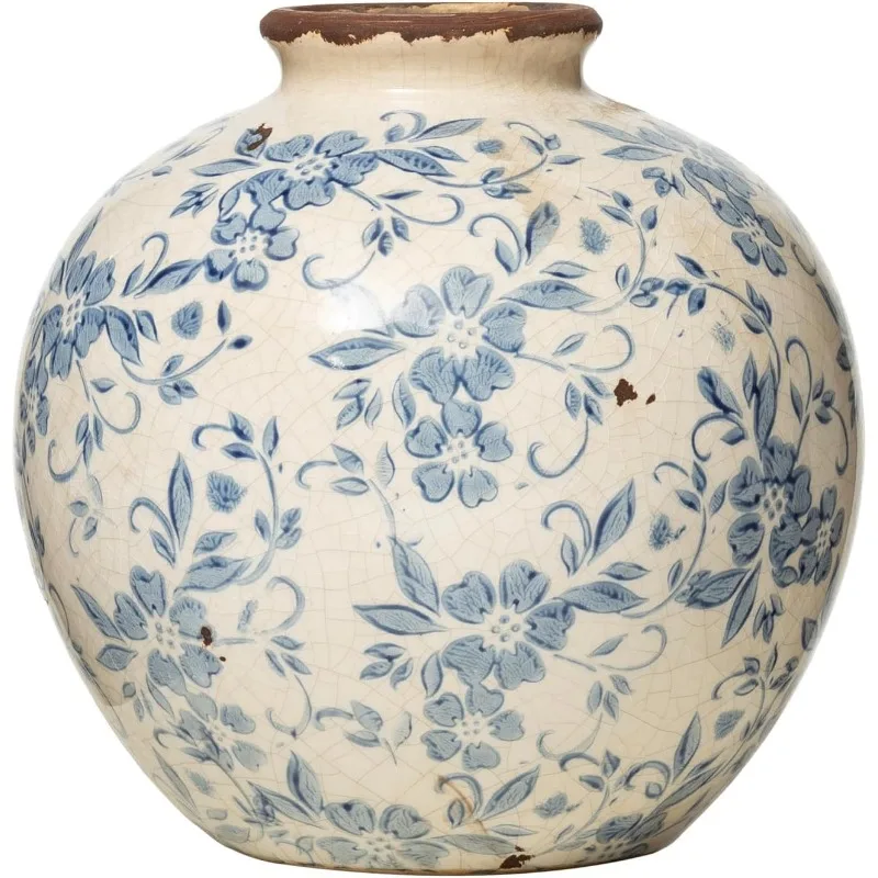 Terracotta Floral Transferware Pattern & Crackle Finish Vase, Blue