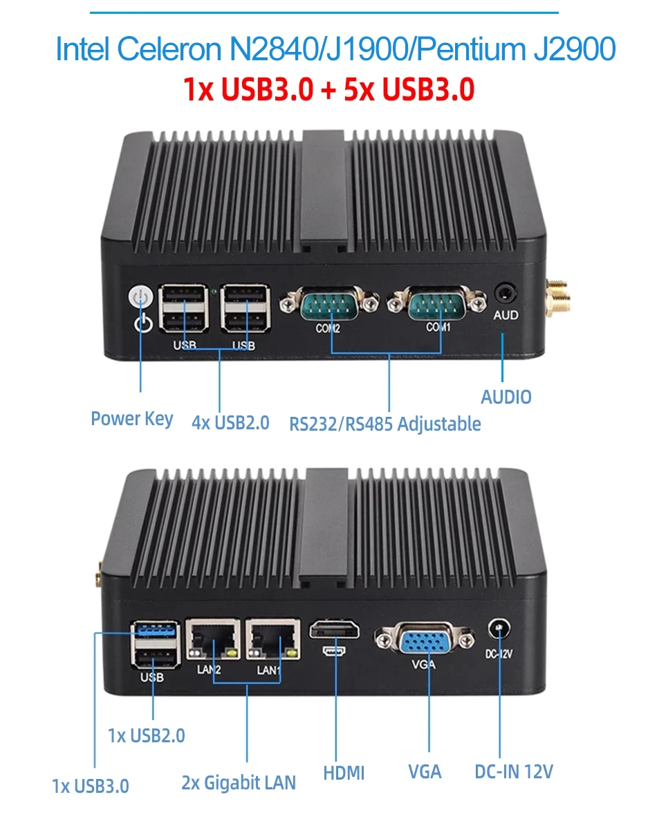 Безвентиляторный мини-ПК IPC 2x COM RS232/485 2x Ethernet Intel Celeron N2840 J1900 J2900 J6412 Win10/7 Linux WiFi 4G LTE SIM-слот