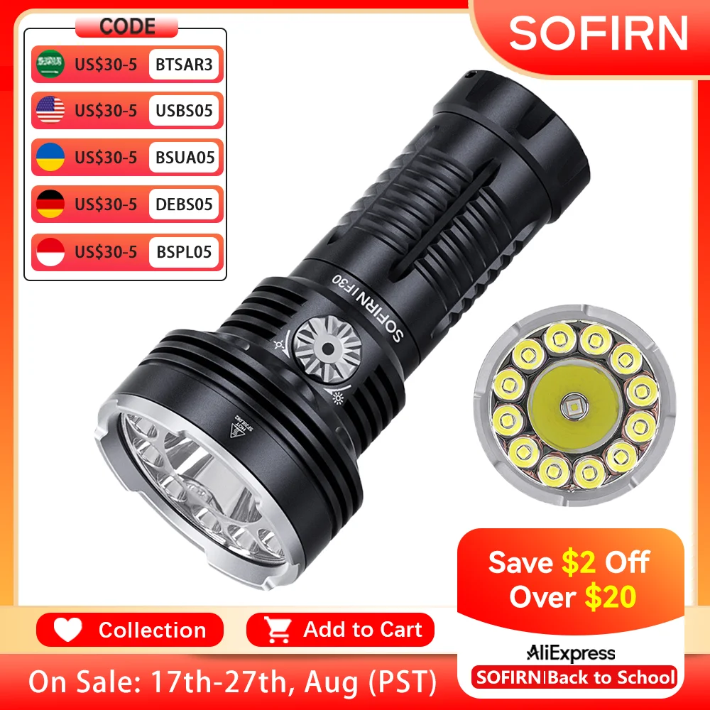 Sofirn IF30 12000lm SFT40 Torcia LED Potente 32650 Batteria Lanterna USB C Torcia ricaricabile Luce esterna IPX8 Impermeabile