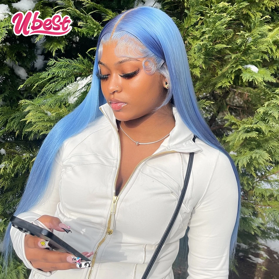 

Ubest Light Blue Colored Straight 13x6 Lace Front Wigs Brazilian 100％ Human Hair Transparent Glueless Wig Pre Plucked For Women