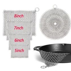 Stainless Steel Cast Iron Cleaner 8 7 6 5 4inches Chainmail Scrubber with Hanging Ring Anti-Rust Skillet Grill Scraper Pack of 1