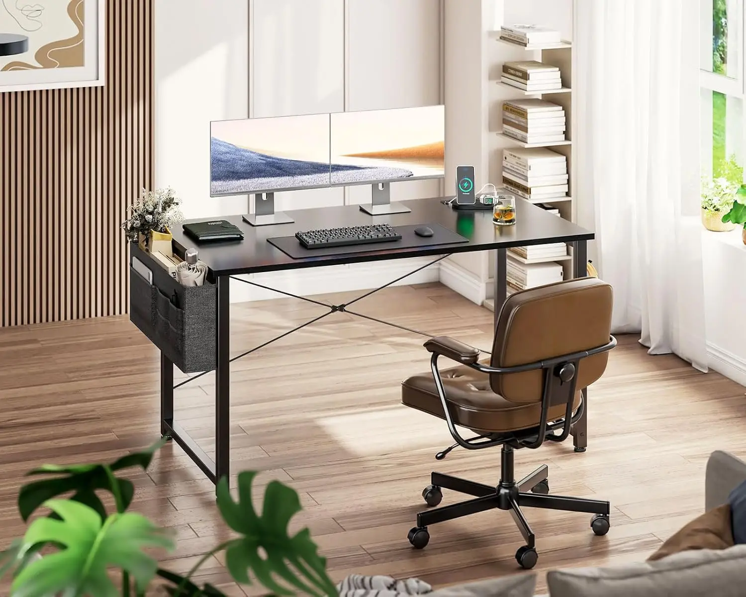 XMSJ Computer Desk - 48 Inch Office Writing Desk For Home, Student Study Desk With Storage Bag, Headphone Hook & Power Outlets