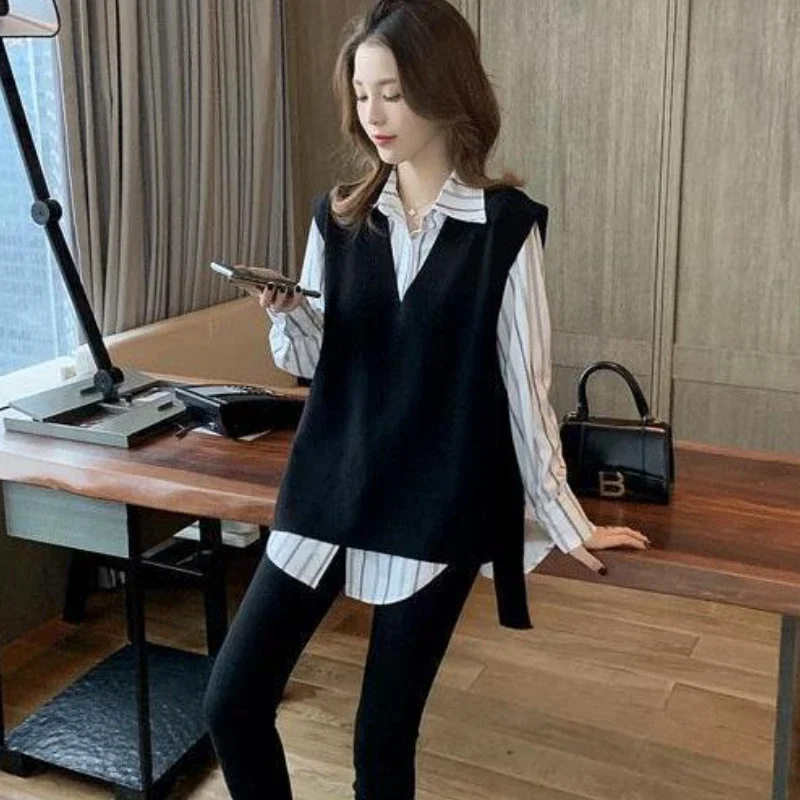 Two Piece Sets Women Striped Long Sleeve Shirts V-neck Side Slit Vests Temper Preppy Korean Fashion Baggy Design Clothes Leisure