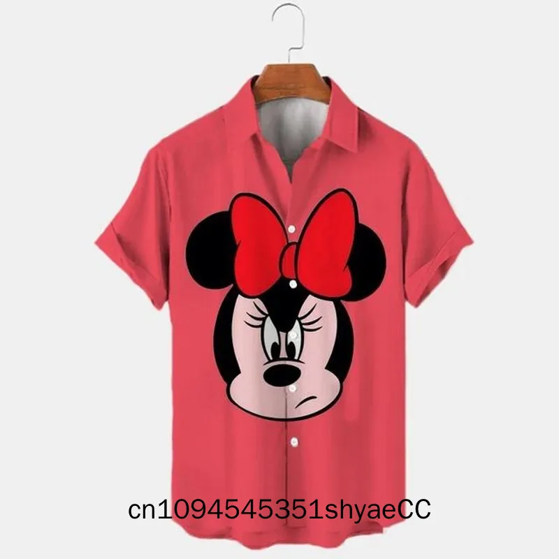 New 2025 Summer Disney Harajuku Slim Fit 3D Printing Men Button Short Sleeve Lapel Mickey Minnie Casual Cute Shirt Y2k